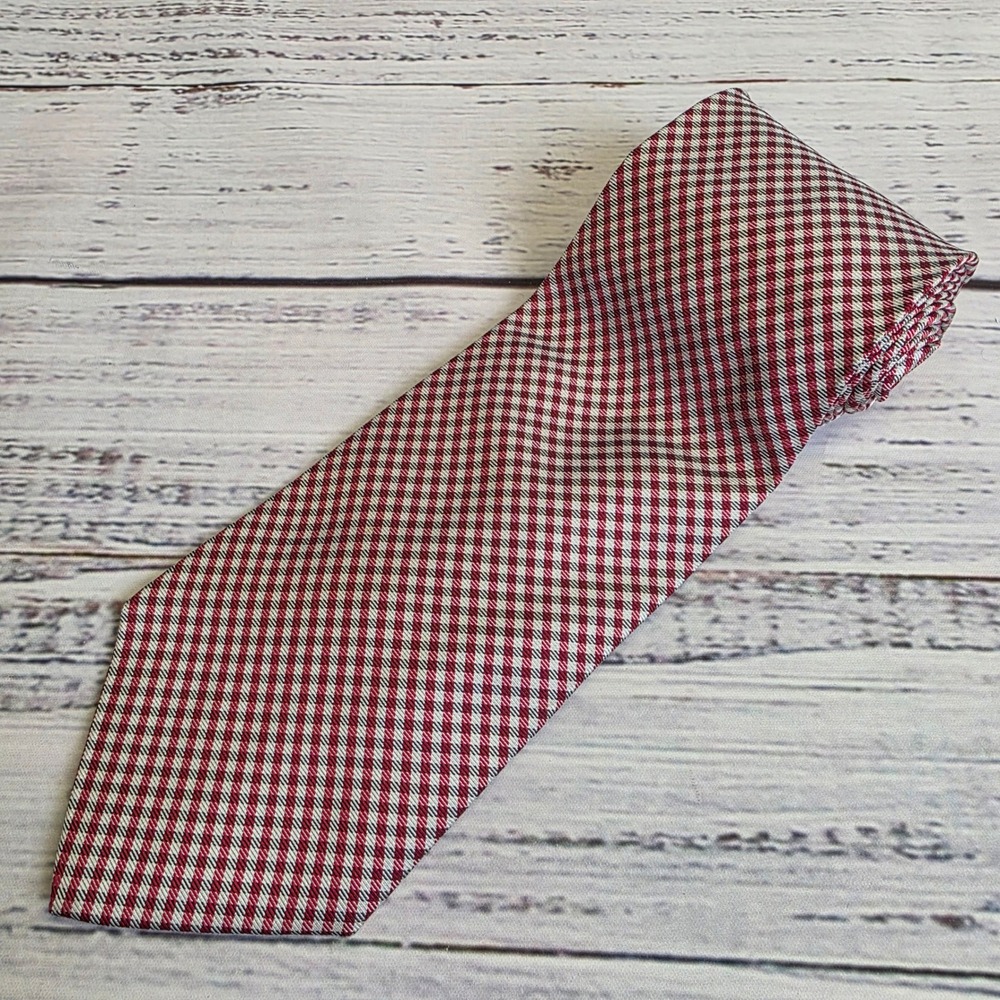 Brooks Brothers Makers Silk Tie Burgundy White Plaid Woven Italy USA Mens 3.5x58